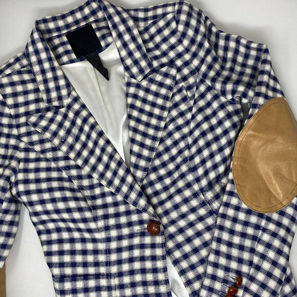 Smythe Plaid Brown Leather Linen Blazer 2 - Picture 5 of 10